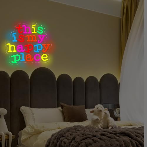 Image of This is My Happy Place Neon Sign USB Powered for Classroom Wall Decor, Neon Sign Dimmable LED Neon Light Sign for Bedroom Home Gallery Retro Positive Motivation Rainbow Home Hall Decor