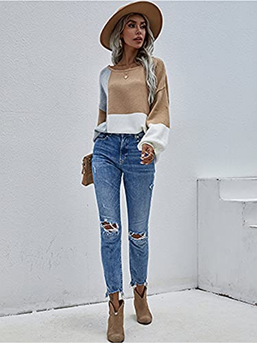 Image of ECOWISH Women Sweater Long Sleeve Color Block Knit Pullover Sweaters Crew Neck Patchwork Casual Loose Jumper Tops