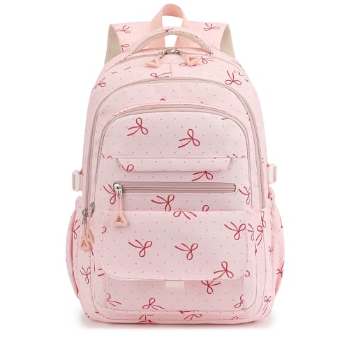 Phaoullzon Girls High Middle School Coquette Backpack for Teen Kawaii Bows Bookbag College Daypack Pink Bow