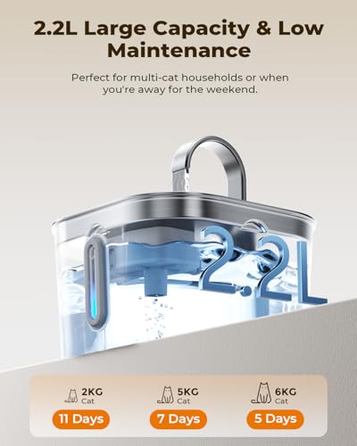 Katzenbrunnen Edelstahl 2,2L | Super Leise Trinkbrunnen für Katze mit Kabel | Katzen Trinkbrunnen mit 5-stufiges Filtersystem & LED-Licht | Einfach zu Reinigen | mit 4 Aktivkohlefilter