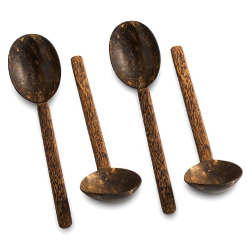 Image of Thenga Natural Handmade Coconut Shell Serving Spoon | Eco-Friendly Wooden Spoons for Kitchen & Dining | Handcrafted Rustic Utensils for Salad, Rice, Snacks & More | Food-Safe Finish (Set of 4, Brown)