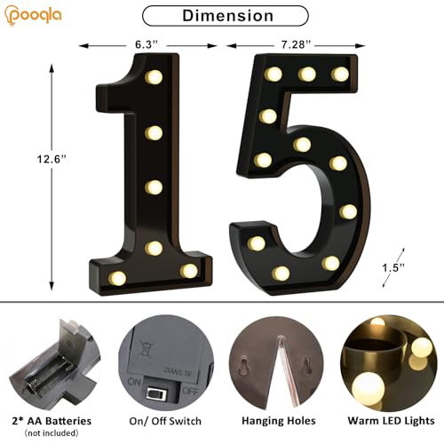 Image of Pooqla 15th Birthday Decorations for Boys, Large Black Light Up Numbers | Black Party Decorations, 12.6in Tall Big Marquee Numbers 15th Anniversary Birthday Gift for Boys Wedding Room Decor