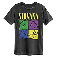 Amplified Nirvana 4 Square Smiley T Shirt X Large Charcoal Cut: Classic Loose Straight Fit Original Licensed Band T Shirt Vintage Look Due To Frayed Rolled Hem On The Collar XL