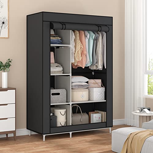 Calmootey Closet Storage Organizer,Portable Wardrobe With 6 Shelves And Clothes Rod,Non-Woven Fabric Cover With 4 Side Pockets,Black #TOP2