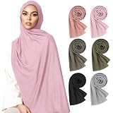 HQEUZ 6 Stück Hijab Kopftücher für Damen, Langer Schal, Leichte Muslimische Kopfbedeckung Jersey Stoff, Weiches Hijab Tuch, Modernes Kopftuch Set für Frauen (6 Farben-B)