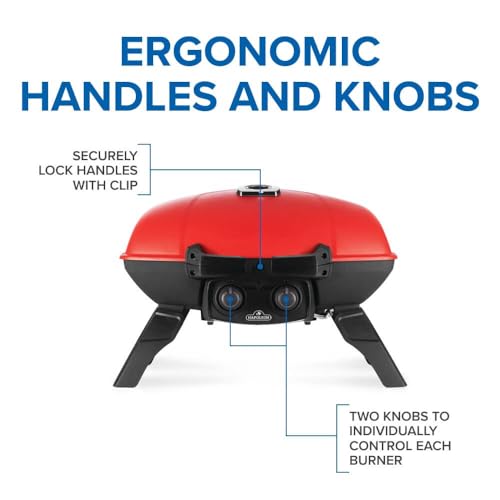 Image of Napoleon TravelQ 285 Portable Propane Gas Grill with Griddle, Red, 2 Burners, Tailgating, Camping, and Small Outdoor Spaces
