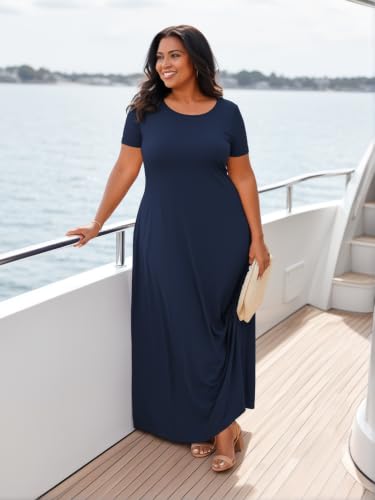 Image of PinkPatty Plus Size Dress for Women Casual Crew Neck Short Sleeve Maxi Dress Oversized Summer Beach Dresses with Pockets