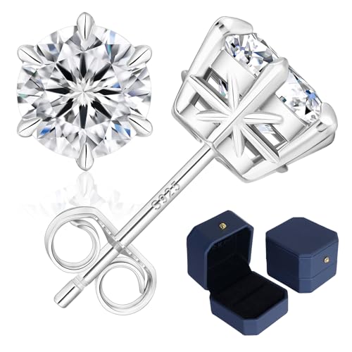 Image of KRKC Moissanite Stud Earrings for Women Men, 0.6-3CT Lab Created Diamond Earrings 14K White Gold Plated, Hypoallergenic Secure Solitaire Studs, Sterling Silver Jewellery Birthday Gift for Wife Mum