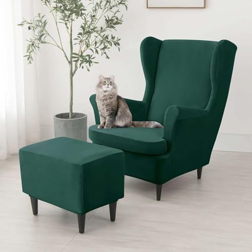 Juego de fundas de terciopelo verde para sillón, otomana y taburete rectangular 2