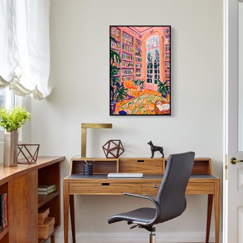 Image of Henri Matisse Canvas Wall Art, Classic Pink Library Poster for Room Aesthetic, Retro Reading Book Wall Art, Bookish Literary Artwork, Famous Art Prints for Booknook 16x24in Framed