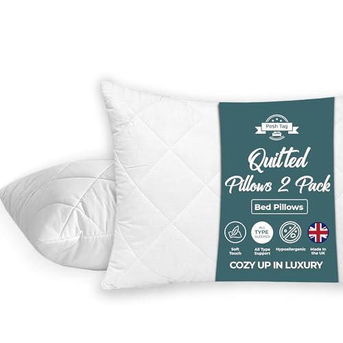 Posh Tag Juego de 2 almohadas acolchadas con relleno de fibra hueca, cómodas y transpirables, hipoalergénicas, calidad hotelera, hipoalergénicas, con soporte alternativo para espalda y plumón, 48 x 74
