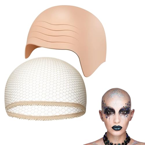xolear 2 peças boné calvo de látex, adulto gorro peruca cabeça calva, bonés de malha para peruca, Makeup Latex Balds Head Wig Cap for Halloween Adults Fancy Dress Cosplay Hat Costume Accessory