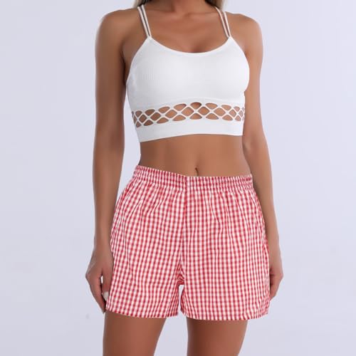 Image of Boxer Shorts for Women Gingham Sleep Y2k Printed Boxers Pj Boxer | Trendy Short,Checkered,Baggy Pj Boxers