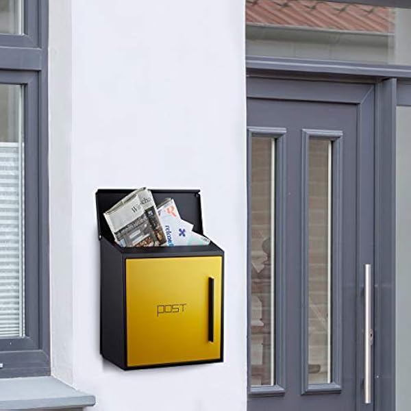 Relaxdays Buzón Correos Exterior, Pared, Diseño Moderno, Ranura DIN A4, Acero, 1 Ud, 33 x 35 x 12,5 cm, Negro y Amarillo