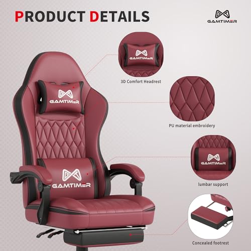 Image of Gamtimer Gaming Chair with Footrest, Ergonomic Computer Chair, PU Breathable Material with Headrest and Lumbar Support, Suitable for Silla Gamer and Adults (RED)