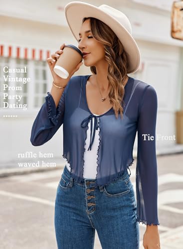Image of Avidlove Womens Sheer Shrug Tie Front Long Bell Sleeve Mesh Bolero Lightweight Summer Casual Short Shawl Top