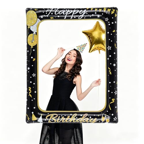 Happy Birthday Photo Booth Props Photo Booth Frame for Boys Girls Men Women Gift Black Gold Birthday Party Inflatable Selfie Photo Frame Birthday Party Decoration Family Fun Holiday Supplies