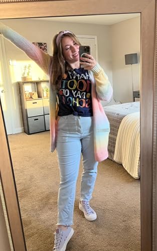 ECOWISH Womens Cardigan Sweaters Fall Winter Knitted Rainbow Color Block Striped Cozy Kimono Long Sleeve Open Front Pockets2