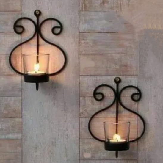 Decorative Wall Sconce Candle Holder, Black Metal, Glass Votive, Set of 2-image-23