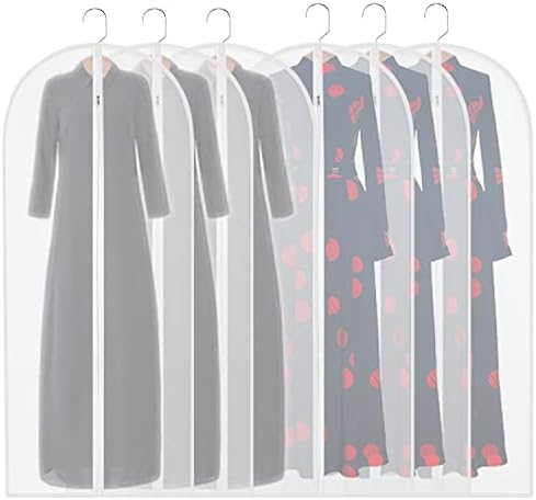 homeminda Garment Bags Clear 6packs 55in Long Hanging Lightweight White Breathable Dust Proof Covers with Study Full Zipper for Storage Wardrobe Dresses Gown Clothes