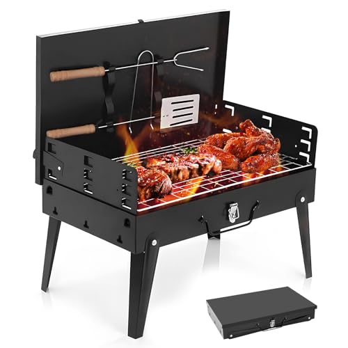 Portable Charcoal Grill - Folding Compact Grill Box for Camping, Backyard & Tailgating with Carrying Case, 2-Min Assembly, Lightweight Design (Black)