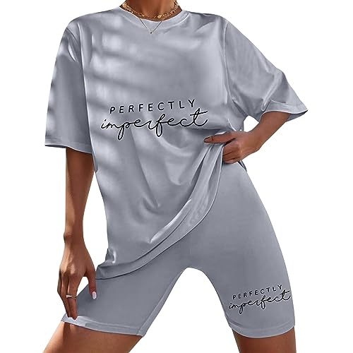 T-shirt Cycling Shorts Set for Women UK Top Shorts 2 Piece Letter Graphic Tracksuit for Ladies Summer Casual Loose Crew Neck Oversized Half Sleeve T Shirt Stretch Shorts Co Ord Sets (Grey, M) - Image 3