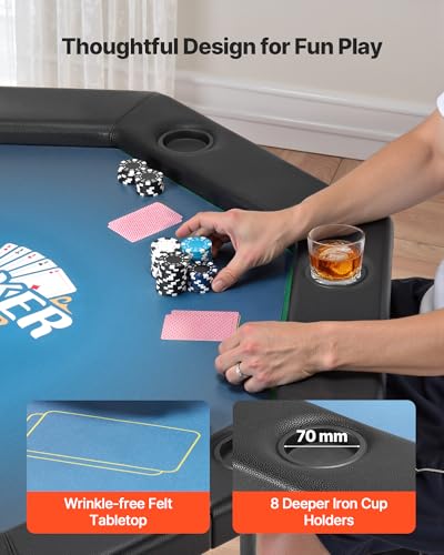 VEVOR klappbarer Pokertisch für 8 Spieler (1325 mm) Kasino-Freizeittisch mit gepolsterten Schienen & Getränkehaltern, achteckige tragbare Spieltische mit Filz- und Metallbeinen Texas Hold’em Poker
