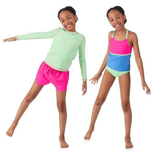 Image of Saint Eve Kids 4-Piece Swimsuit Set UPF 50+ Girls Long Sleeve Rash Guard Tankini Top Bikini Bottom & Swim Shorts