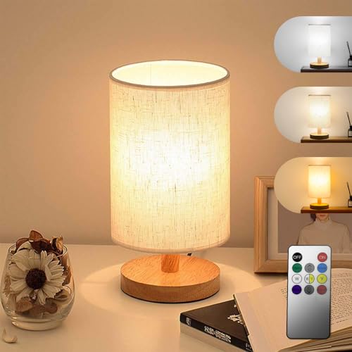 Necomi Bedside Table Lamp, Dimmable and 3 Colour Temperature LED Bedroom Lamp, USB Power Supply with Remote Control, Round Minimalist Solid Wooden Base with Fabric Shade (Hemp Yellow)