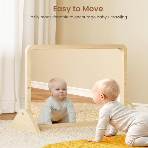Woodtoe 3-in-1 Montessori Mirror with Bar, Adjustable Toddler Mirror & Pull Up Bar, Montessori Learning Toy for Baby 6-18 Months, Nursery Mirrors, Natural Wood Furniture for Daycare, Kids Classroom