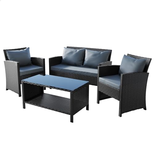 ALFORDSON 4pcs Outdoor Patio Furniture Garden Sofa, PE Wicker Rattan Lounge Chair and Glass Coffee Table 4 Pieces Setting, UV-Resistant Conversation Set with Back Pillows & Seat Cushions, Black
