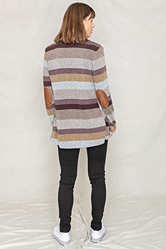 Image of Eloges Women's Multi Stripe Soft Knit Open Cardigan with Suede Elbow Patch