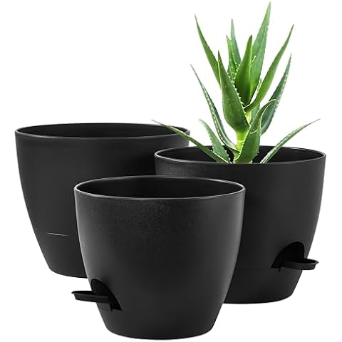 FaithLand 3-Pack Planter Pots, 10 9 8 Inch Self Watering Flower Pots for Indoor Outdoor Garden Plants, Black Cover