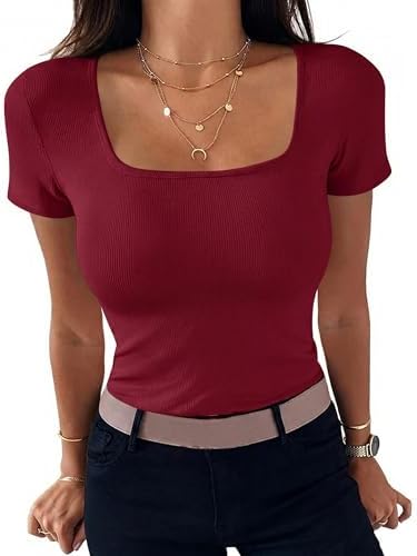 Aottori T-Shirt Damen Eckiger Ausschnitt Gerippt Basic Top Kurzarm Sommer | Rippshirt, Oberteile, Slim Fit, Stretch, Eng, Elegant, Casual, Einfarbig, für Alltag Freizeit Büro