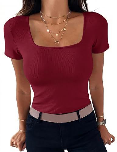 Aottori Tee Shirt Femme Col Carré Manches Courtes Côtelé Été Bordeaux L