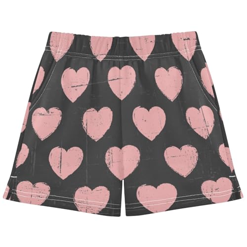 pnyoin Girl's Shorts Pink Love Hearts Pattern Athletic Running Shorts with Pockets Size 7-8t