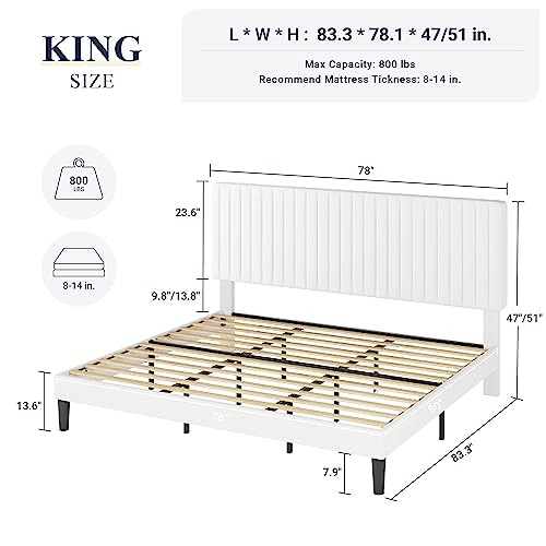 Image of Allewie King Bed Frame, Velvet Upholstered Platform Bed with Adjustable Vertical Channel Tufted Headboard, Mattress Foundation with Strong Wooden Slats, Box Spring Optional, Easy Assembly, Off-White