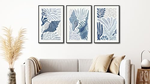 Large Framed Marine Life Wall Art Canvas Prints Set of 3, Minimalist Ocean Art, Blue White Coral Conch Shell Seaweed Beach Pictures Nautical Artwork for Living Room Bedroom Office Decor 32"x48"x3 by HWAXUOEN - Used condition - Image 7