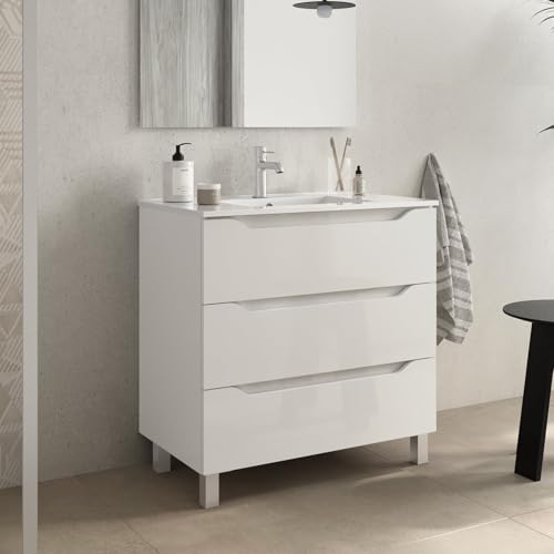 bathme Trio Mueble de Baño con Lavabo 3 Cajones Color Blanco Bril...