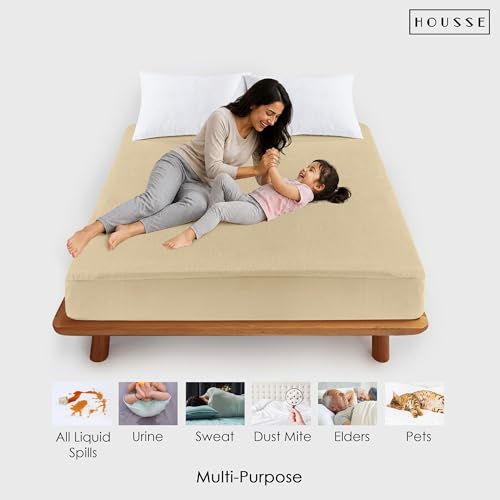 Image of HOUSSE King Size Waterproof Mattress Protector 78 * 84 inch Inches | Premium Bed Mattress Protector Cover | 100% Waterproof | Soft Breathable Fabric | Stretchable Fitted Style | Fits Up to 8 Inch | Beige