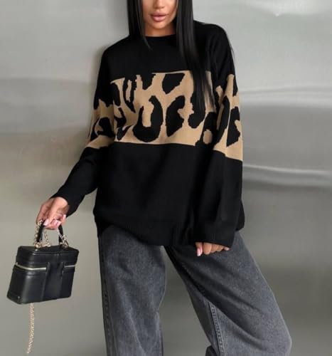 CHARTOU Women Fall Winter Leopard Sweater Casual Oversized Crew Neck Long Sleeve Pullover Sweater Knitted Tops4