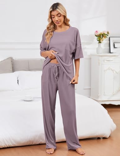 Image of JiniGolla Womens Pajama Sets Waffle Knit Short Sleeve Shirt with Long Pajama Pants Soft Sleepwear Pj Lounge Sets