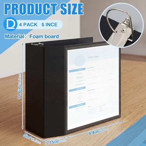 Image of Henoyso 4 Pack 5 Inch D-Ring 3 Ring Binders with Clear Pocket, Heavy Duty Large Capacity Binder with Inside Pockets for Standard Pages 8.5 x 11, Presentation Binder for Office School(Black)