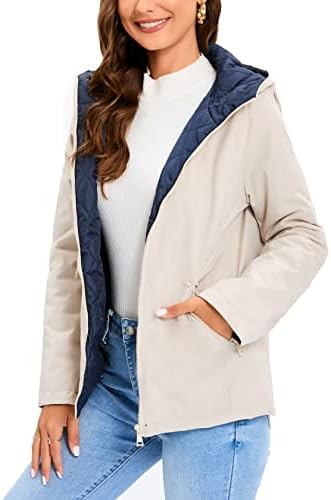 MeeuwStad Women's Casual Hooded Jacket Fashion Quilted Lined Coat Zip Up Lightweight Padded Warm Outwear (Beige, M)