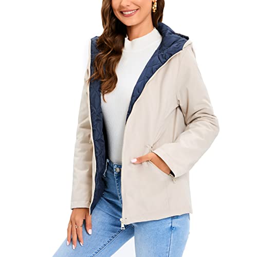 Meeuwstad Women's Casual Hooded Jacket Fashion Quilted Lined Coat Zip Up Lightweight Padded Warm Outwear (Beige, M) #TOP1