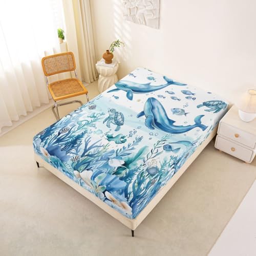 Image of jejeloiu Sea Animal Bed Sheets Set King Size Whale Turtle Fish Bed Set for Kids Boys Girls The Sea Marine Animal Deep Pocket Fitted Sheet Summer Breathable Soft Lightweight Microfiber