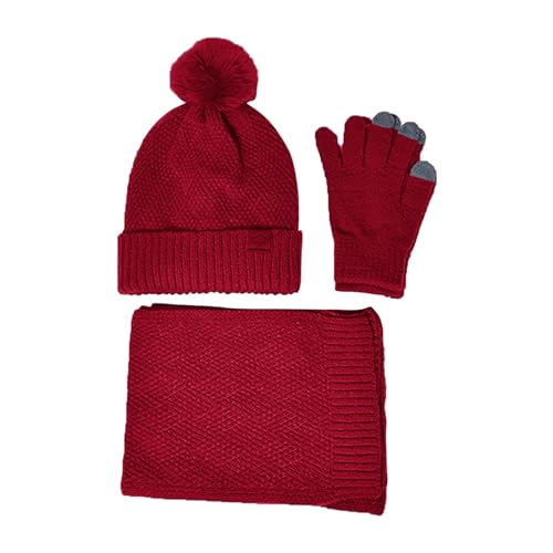 Höst vinter solid hatt halsduk handske tre öron utomhus värme set halsduk handskar hatt set, vin, one size