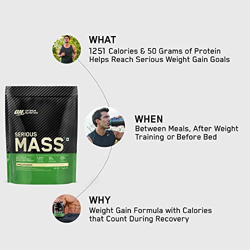Optimum Nutrition (ON) Serious Mass High Protein High Calorie Weight Gainer Powder - 1 kg (Vanilla) with Vitamins and Minerals, Vegetarian