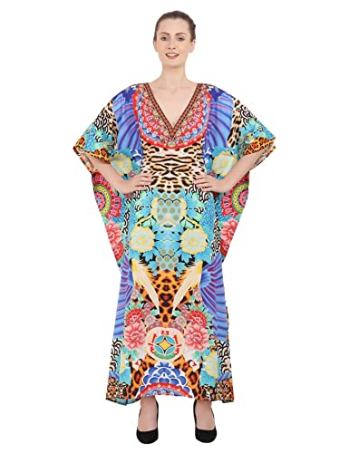 Image of Miss Lavish London Kaftan Dresses for Women,Beach Kaftan Coverups,Hawaiian Coverups for Women,Long Beach & Swimsuit Coverups,Plus Size African Caftan Dress,Moroccan Style Loungewear Multi M