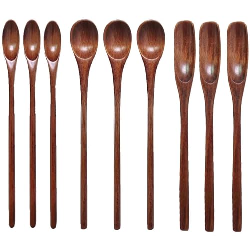 XINYUICEAN Cucharas de Madera de Mango Largo, 9 Piezas, Utensilios de Cocina para Café, Té y Miel, Hechas a Mano, Ecológicas y Duraderas